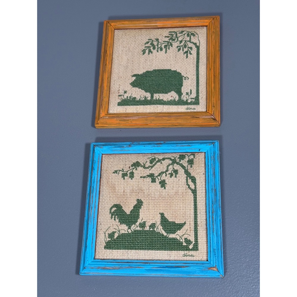 Vintage Dina Farmhouse Cross Stitch Wall Art Set Pig Rooster Burlap Wood Frames